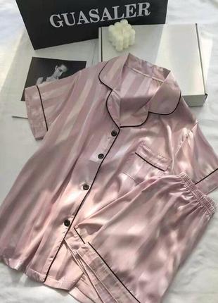 Піжама жіноча шовкова в полоску. піжама жіноча сатинова з коротким рукавом і шортами, розмір l (розова)6 фото