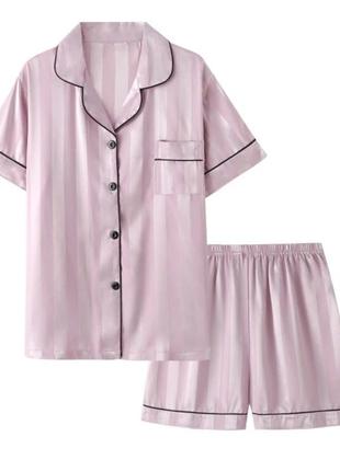 Пижама женская шелковая в полоску. пижама женская сатиновая с коротким рукавом и шортами, размер xl (розовая )4 фото
