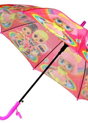 Яркий детский зонт трость полуавтомат на 8 спиц со свистком с рисунком кукол lol