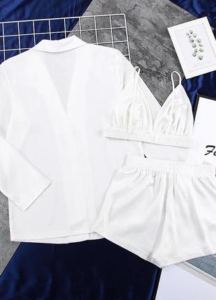 Пижама женская шелковая. комплект атласный тройка с длинным рукавом, шортами и топом. размер l (белый)5 фото
