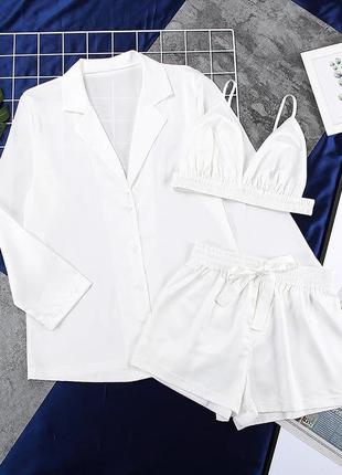 Піжама жіноча шовкова. комплект атласного тройка з довгим рукавом, шортами і топом. розмір l (білий)4 фото