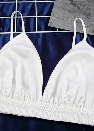 Пижама женская шелковая. комплект атласный тройка с длинным рукавом, шортами и топом. размер l (белый)7 фото