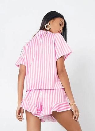 Пижама женская шелковая в полоску. пижама женская с коротким рукавом и шортами, размер s (розовая )4 фото