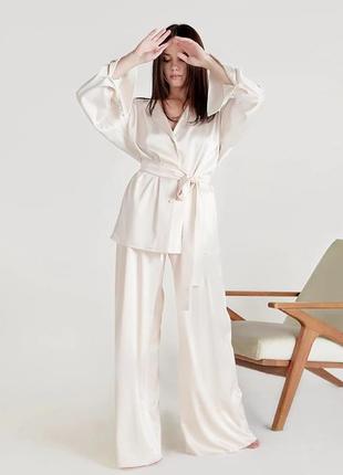 Піжама жіноча атласна. комплект шовковий для дому, сну з довгим рукавом, розмір s (білий)