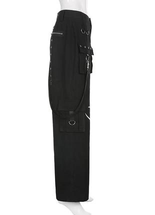 Штаны широкие унисекс черные готические с принтом трайбал цепями заклепками карманами tribal5 фото