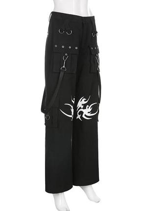 Штаны широкие унисекс черные готические с принтом трайбал цепями заклепками карманами tribal3 фото