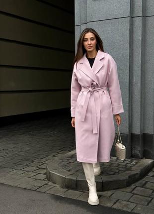Пальто халат на запах с поясом теплое зима осень длинное пудра розовое серое айвори молоко6 фото