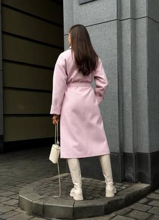 Пальто халат на запах с поясом теплое зима осень длинное пудра розовое серое айвори молоко5 фото