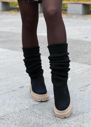 Зимние женские замшевые высокие сапоги с трикотажным чулком на грубой платформе sock-11815 фото