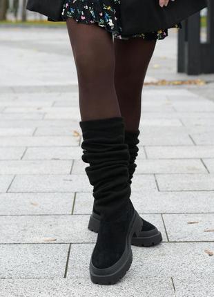 Демисезонные женские ботфорты чулки на платформе натуральная замша, трикотаж sock-11818 фото