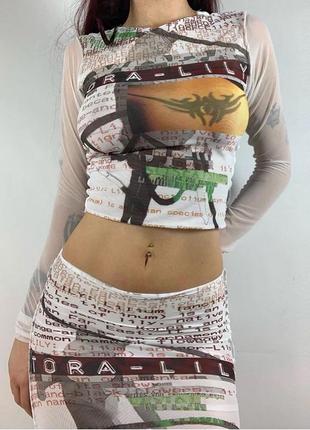 Костюм юбка кофта с рукавом сетка белый белая с принтом готическим тату фея текст шрифты печворк patchwork