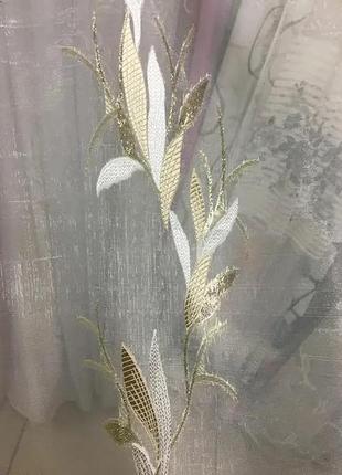 Тюль шифон белого цвета с золотистым рисунком4 фото