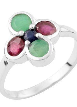 Серебряное кольцо с натуральным рубином, изумрудом и сапфиром1 фото