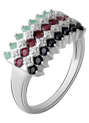 Серебряное кольцо с натуральным рубином, изумрудом и сапфиром