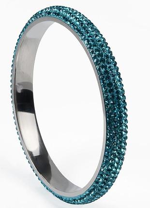 Браслет из ювелирной стали голубой круглый с мелкими фианитами по кругу