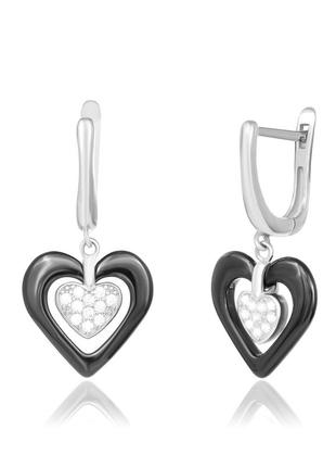 Срібні сережки "серце" з чорною керамікою