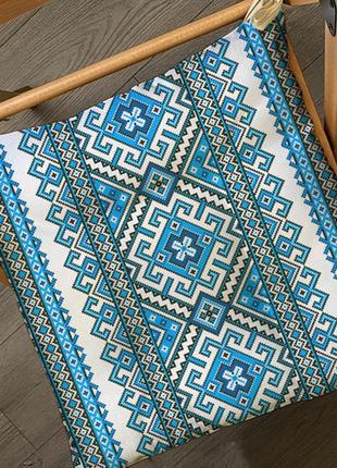 Подушка на стул с завязками украинский орнамент голубой 40х40х4 см (pz_22u002)