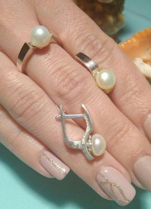 Серебряное кольцо и серьги с золотыми вставками и жемчугом хай-тэк4 фото