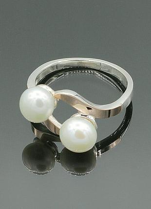 Срібна каблучка із золотими вставками та перлами тандем