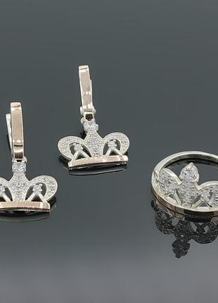 Серебряное кольцо и серьги с золотыми вставками корона1 фото
