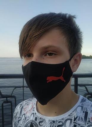 Маска багаторазова тканинна захисна чорна кішка червона на обличчя, маска для рота