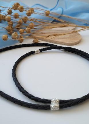 Шнурок на шию 50 см срібло 925 плетена шкіра зі вставками срібла товщина 3 мм 1605