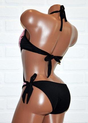 Сдельный черный женский купальник, блестящий, с розовой двусторонней пайеткой, на завязках, размер m6 фото