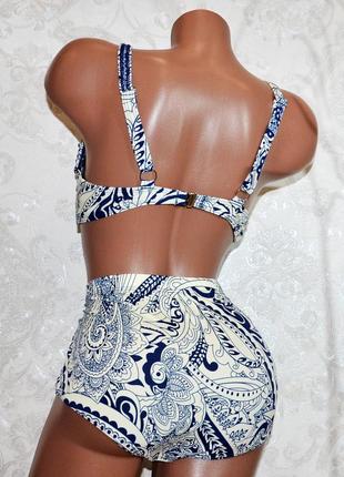 62 размер. пляжный женский купальник бело-молочного цвета с синим узором, раздельный, новинка года3 фото