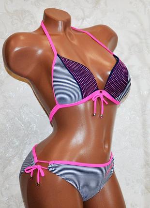 Размер 42. стильный женский полосатый купальник, на завязках, с розовыми стразами, с пуш-ап2 фото