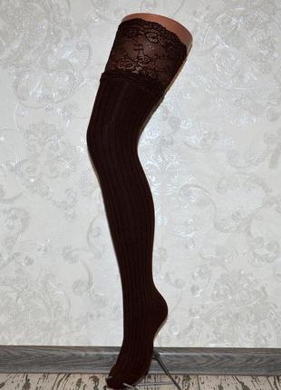 Хлопковые женские гетры выше колен с изящным кружевом, коричневые гетры с носком, х б5 фото