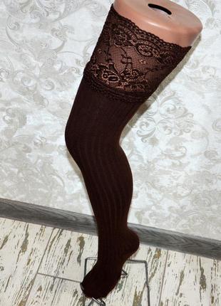 Хлопковые женские гетры выше колен с изящным кружевом, коричневые гетры с носком, х б4 фото
