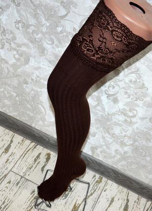 Хлопковые женские гетры выше колен с изящным кружевом, коричневые гетры с носком, х б1 фото