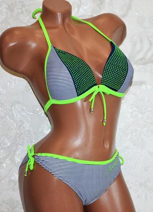 Размер 44. красивый женский полосатый купальник, на завязках, с зелеными стразами, с пуш-ап2 фото