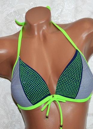 Размер 42. стильный женский полосатый купальник, на завязках, с зелеными стразами, с пуш-ап6 фото