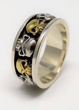 Кольцо череп байкерское с черепами серебро и бронза