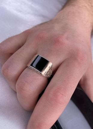 🇺🇦 перстень чоловічий срібло 925° золоті пластини 375° вставка ім. онікс , печатка чоловіча , мужское кольцо 0760.10