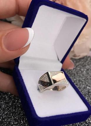 🇺🇦 кольцо мужское серебро 925° золотые пластины 375° вставка кубический цирконий, эмаль, печать мужская, мужественное кольцо 0536.504 фото