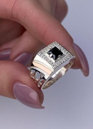 🇺🇦 перстень чоловічий срібло 925° золоті пластини 375° вставка кубічний цирконій, печатка чоловіча , мужское кольцо 0314.10