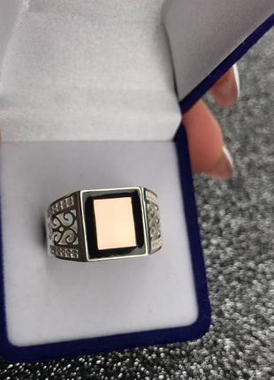 🇺🇦 кольцо мужское серебро 925° золотые пластины 375° вставка эмаль, печать мужская, мужественное колецо 0311.10