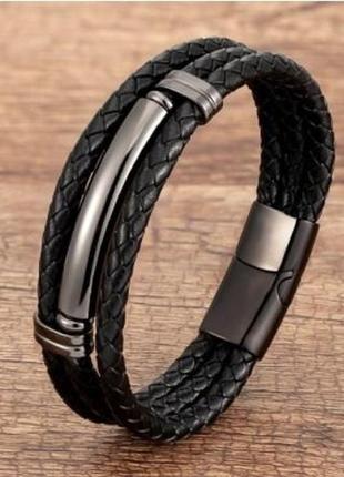 Браслет мужской кожаный на руку черный