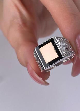 🇺🇦 перстень чоловічий срібло 925° золоті пластини 375° вставка емаль, печатка чоловіча , мужское кольцо 0311.10