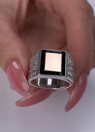 🇺🇦 кольцо мужское серебро 925° золотые пластины 375° вставка эмаль, печать мужская, мужественное колецо 0311.104 фото