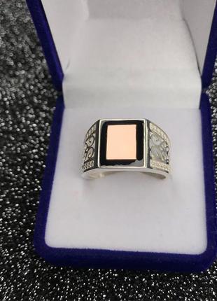 🇺🇦 кольцо мужское серебро 925° золотые пластины 375° вставка эмаль, печать мужская, мужественное колецо 0311.105 фото