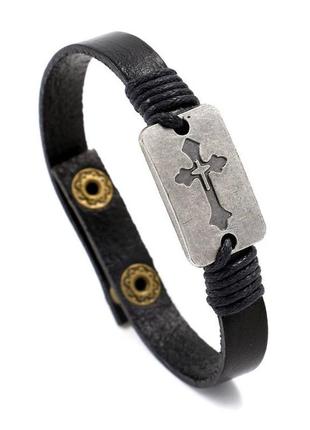 Чоловічий гладкий шкіряний браслет « autentic» з хрестом (чорний)