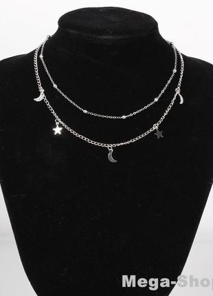 Женская цепочка двойная украшения на шею, колье, чокер красивая бижутерия "луна и звезды d1s" серебристый