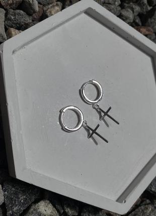 Сережки-кільця хрестик, сережки хрести унісекс, жіночі і чоловічі, срібне покриття 925 проби, 30*10 мм