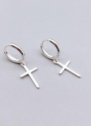 Серьги-кольца крестик, сережки кресты унисекс, женские и мужские, серебряное покрытие 925 пробы, 30*10 мм10 фото