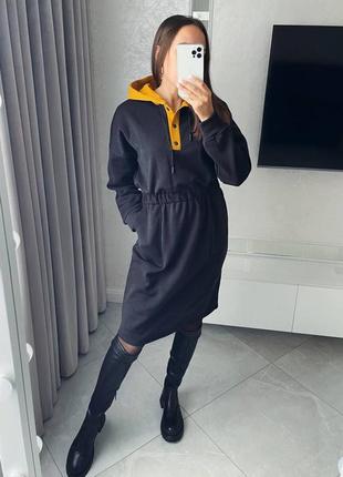 🔥акция🔥платье спортивное теплое на флисе с капюшоном на кулиске туника свитер кардиган хаки бежевое зелёное горчичное чёрное батал