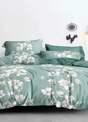 Семейный комплект постельного белья зеленый с цветами, люкс сатин с компаньоном s4223 фото