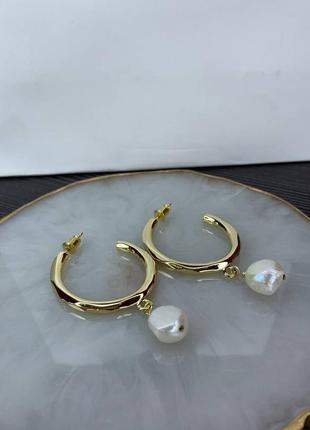 Серьги-кольца селин с подвесной жемчужиной майорка, люкс качество4 фото